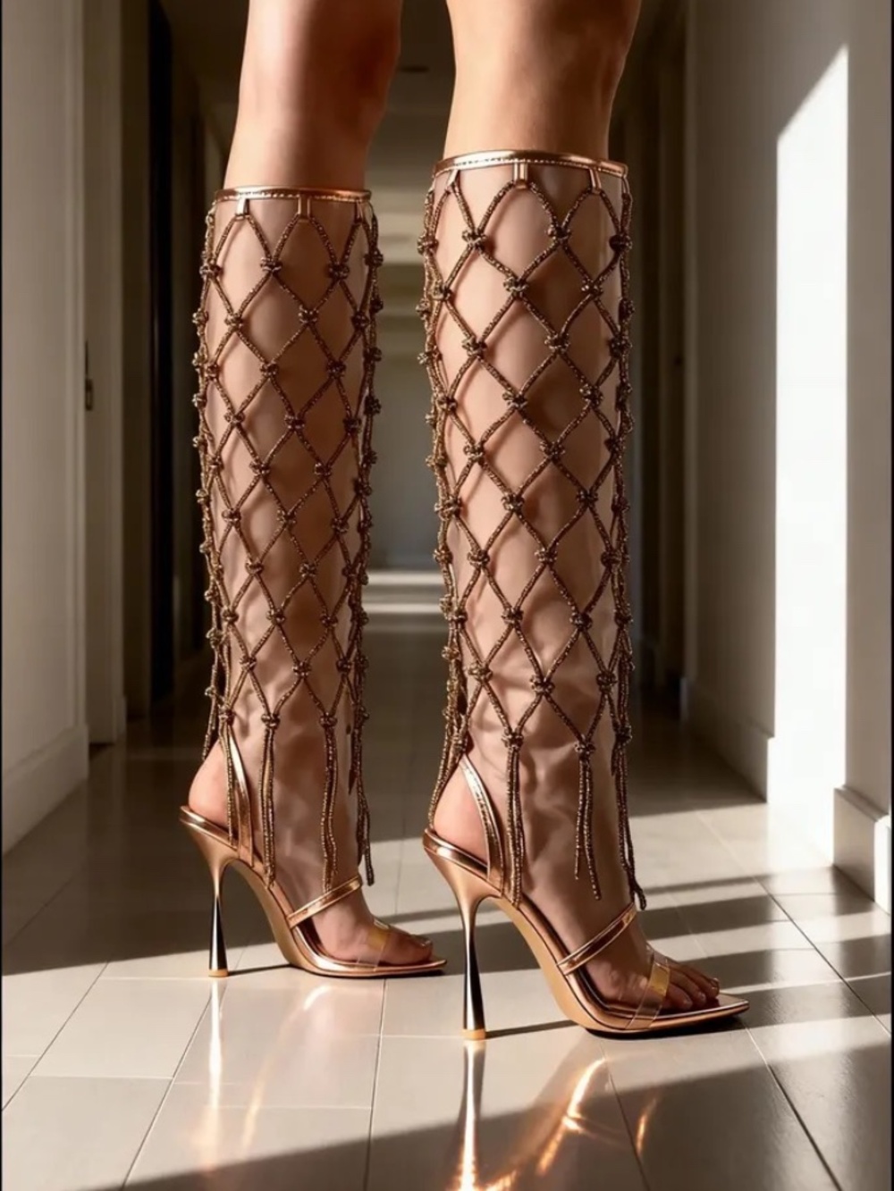 Women's Rose Gold Rhinestone Net Knee-High Heels, 10 - Picture 2 of 8